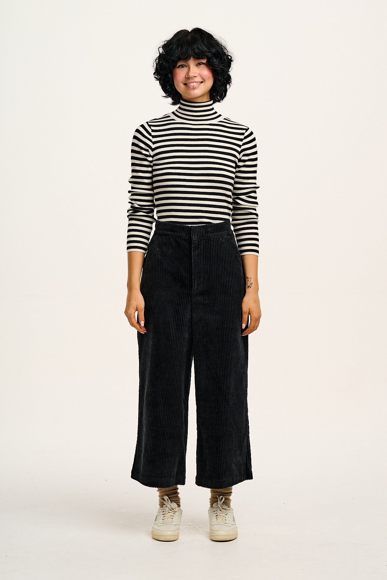 Aiden - Roll Neck Knitted Cotton Top in Black & White Stripe