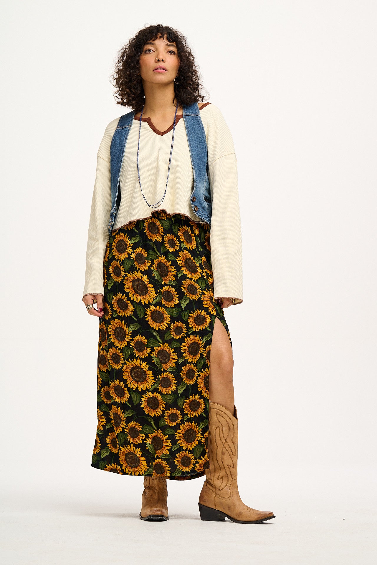 Poppy - Tencel Elasticated Waist Skirt in Sunflowers Print