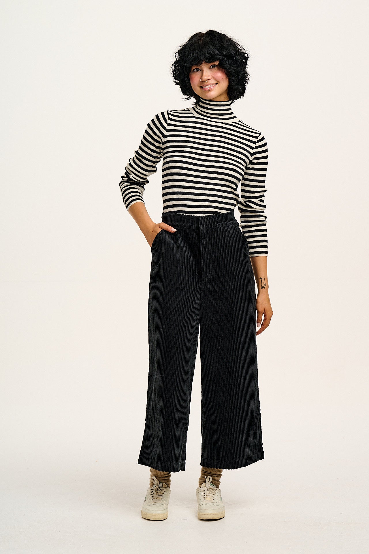 Aiden - Roll Neck Knitted Cotton Top in Black & White Stripe