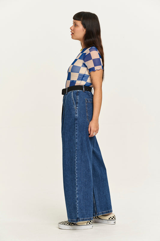 Cole - Baggy Wide Leg Denim Jeans in Mid Wash Blue