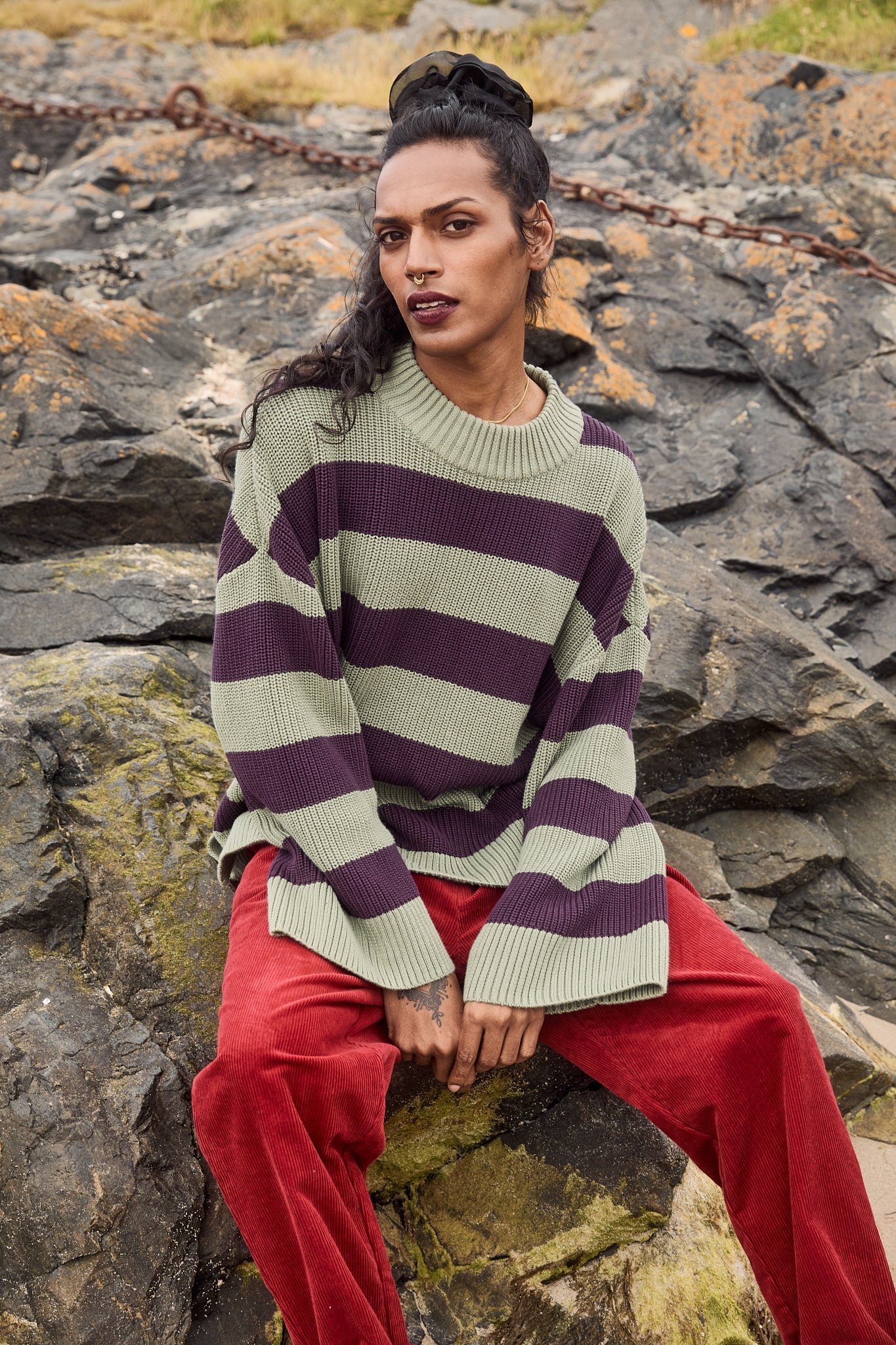 Amari - Oversized Cotton Jumper in Forest Stripe