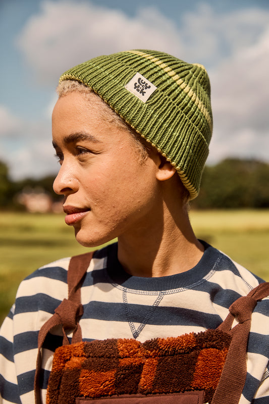 Luca - Cotton Beanie in Green Stripe