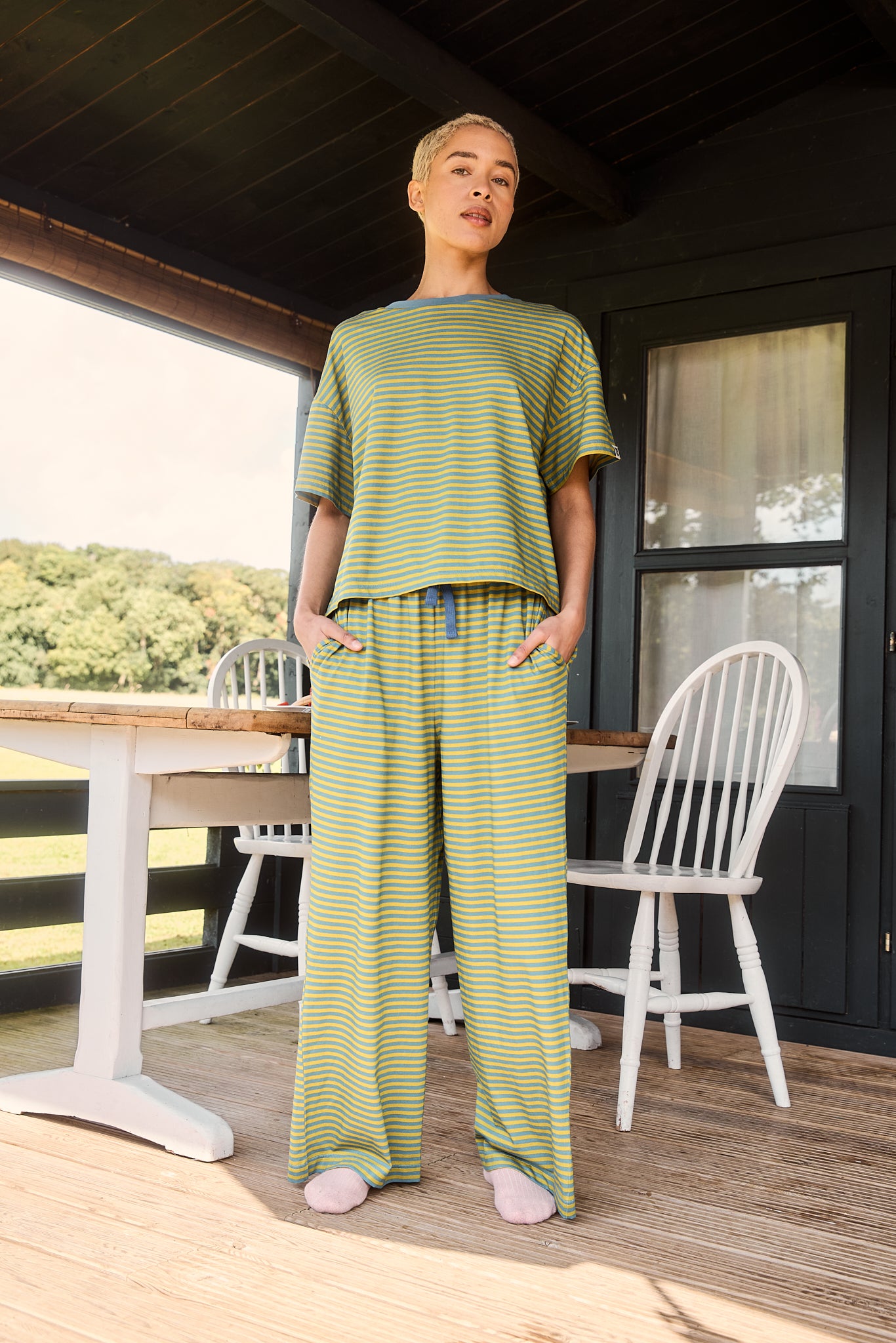 Sabrina - Soft Pyjamas in Sage & Blue Stripe