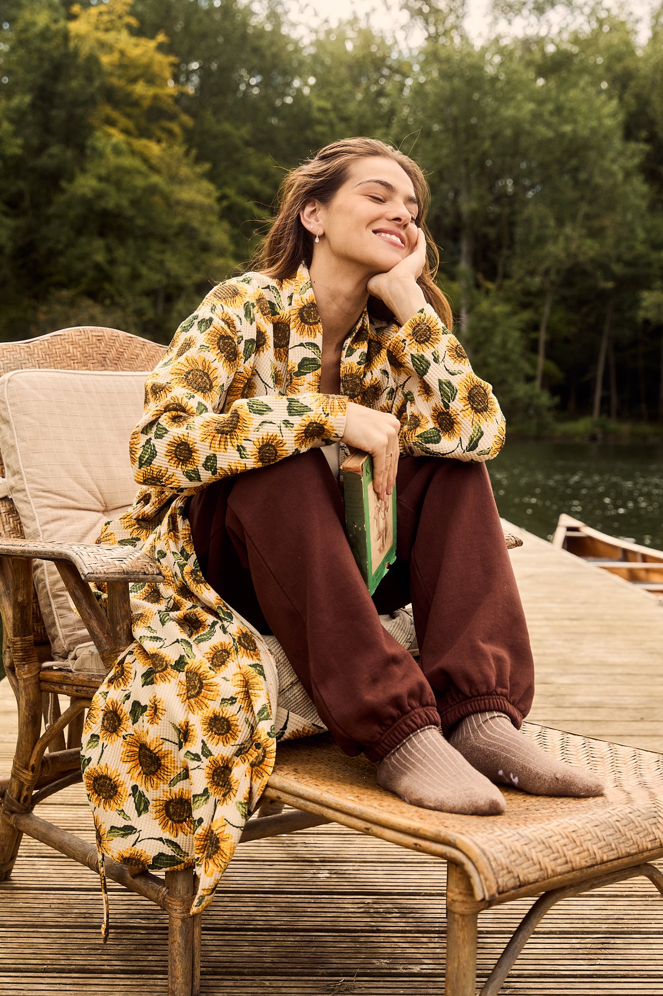 Braydon - Waffle Cotton Robe in Cream Sunflower Print