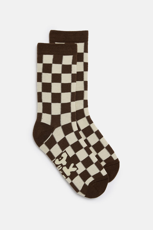 JoJo - Cotton Socks in Brown & Ecru Checkerboard Print