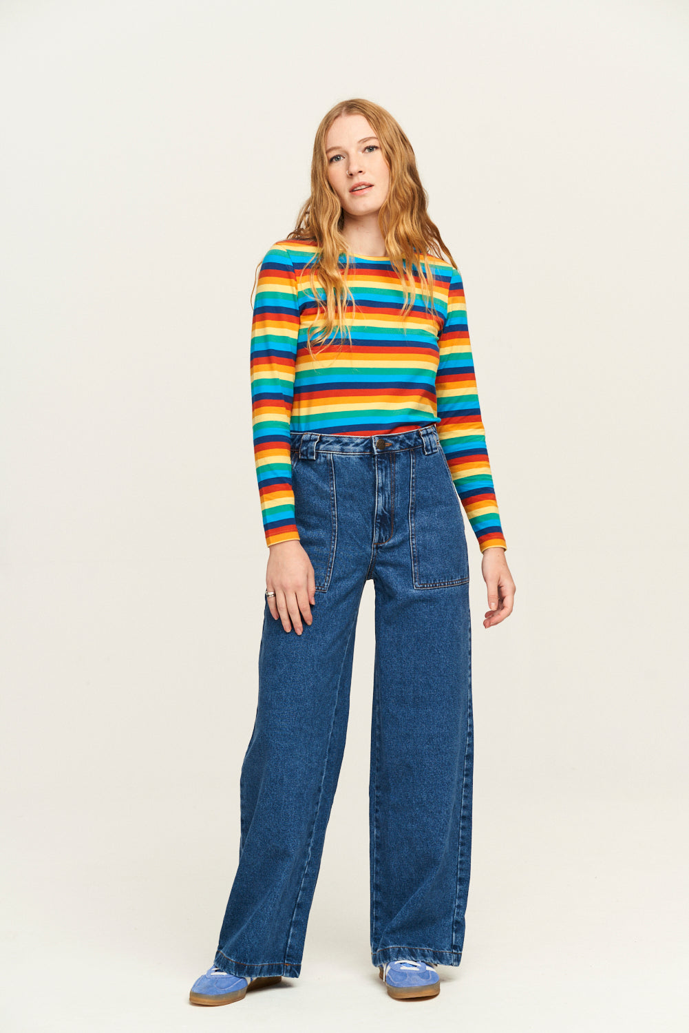 Rey - Long Sleeve Cotton Top in Rainbow Stripe