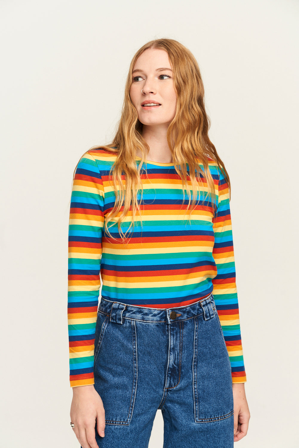 Rey - Long Sleeve Cotton Top in Rainbow Stripe