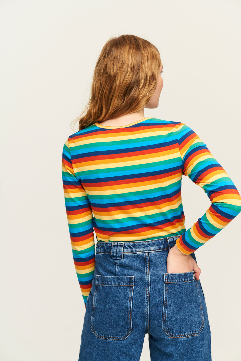 Rey - Long Sleeve Cotton Top in Rainbow Stripe