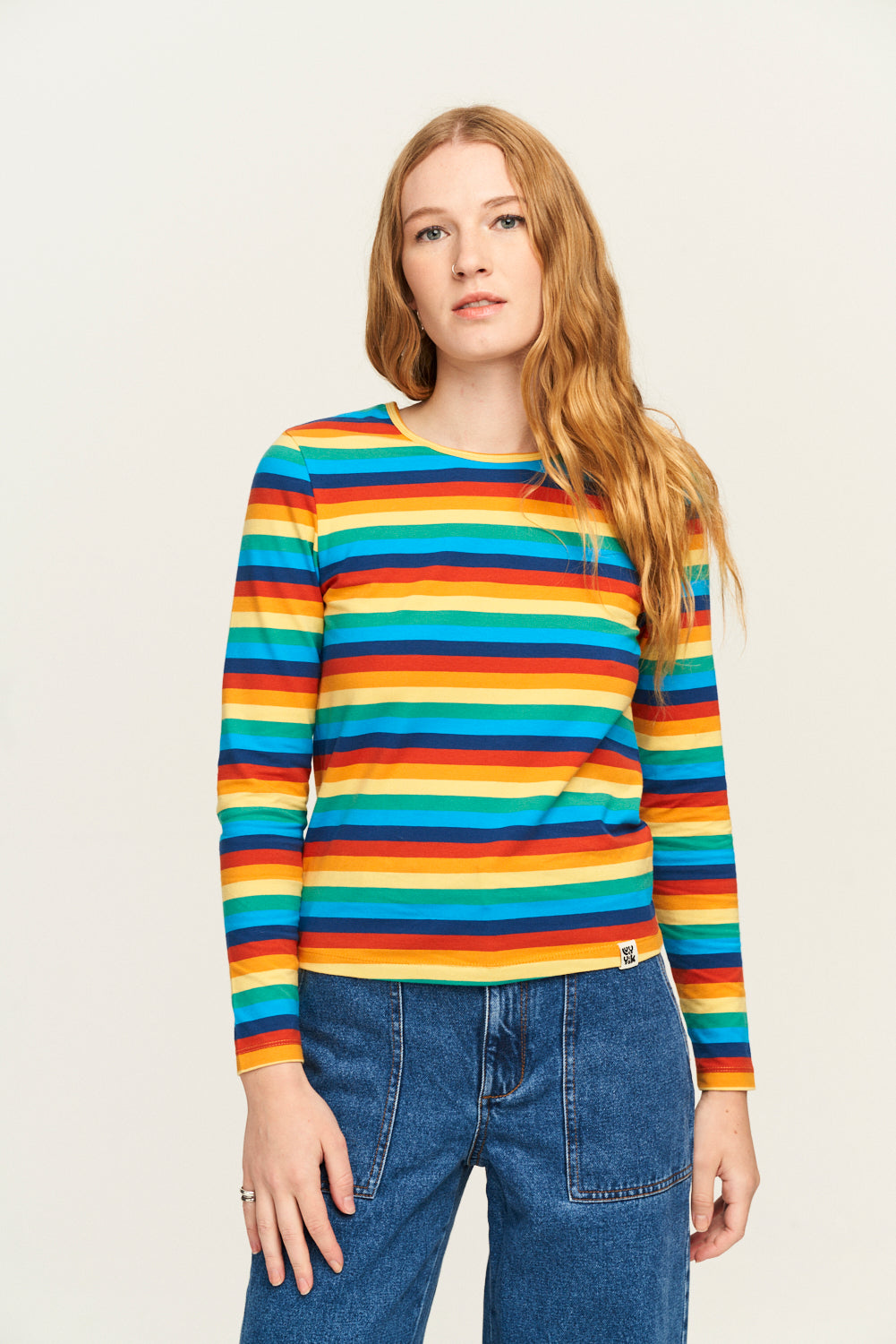 Rey - Long Sleeve Cotton Top in Rainbow Stripe