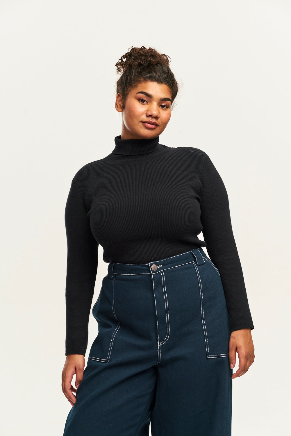 Aiden - Roll Neck Knitted Cotton Top in Black