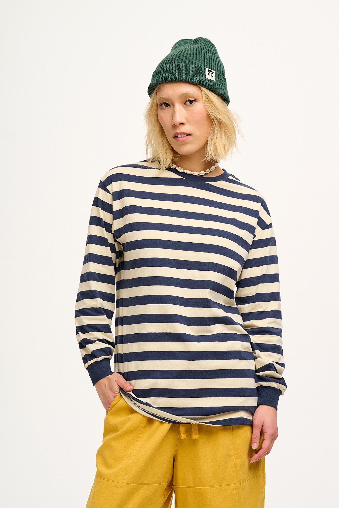 Kenny - Long Sleeve Skater Cotton Tee in Navy & Ecru Stripe