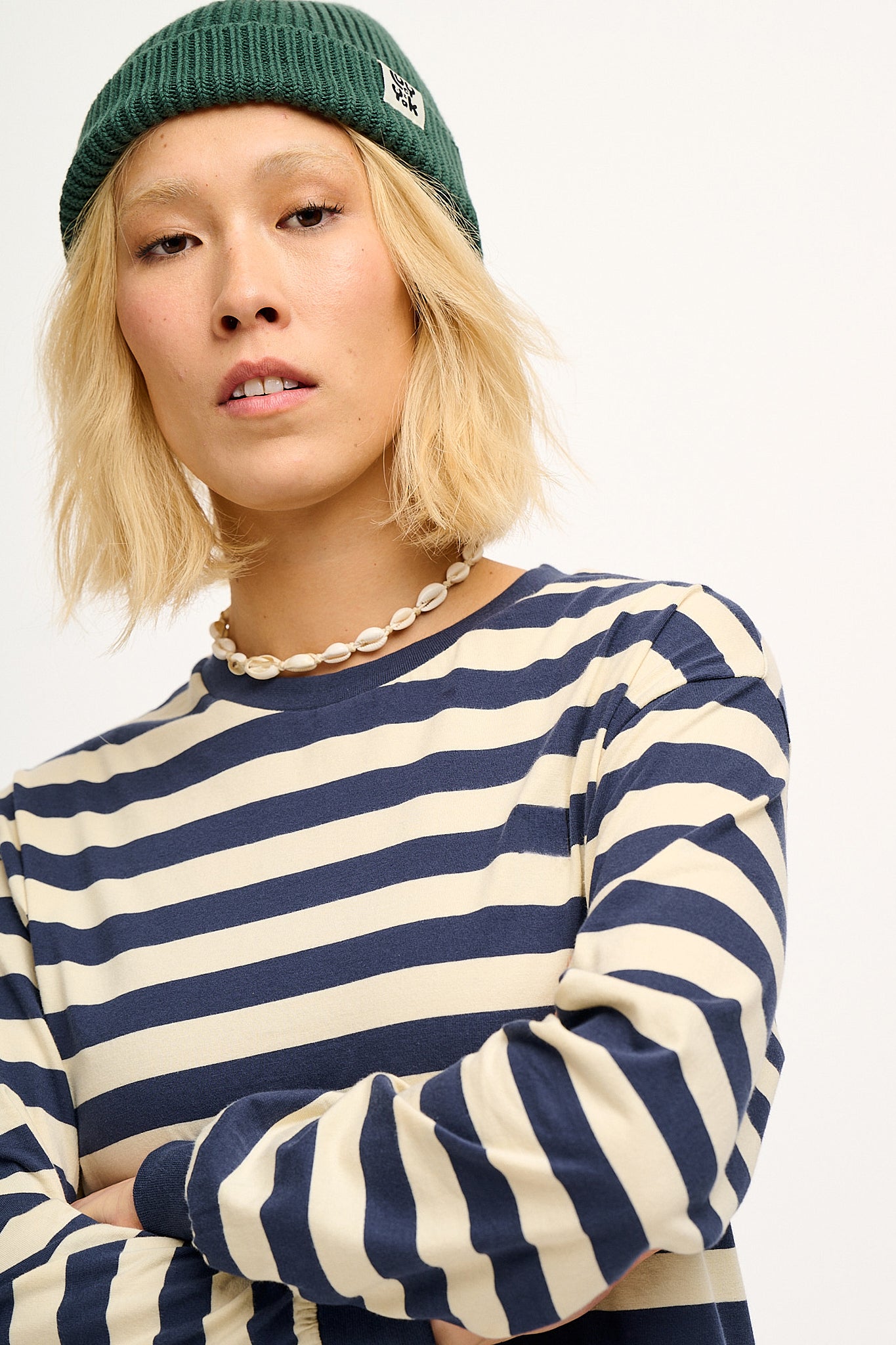 Kenny - Long Sleeve Skater Cotton Tee in Navy & Ecru Stripe