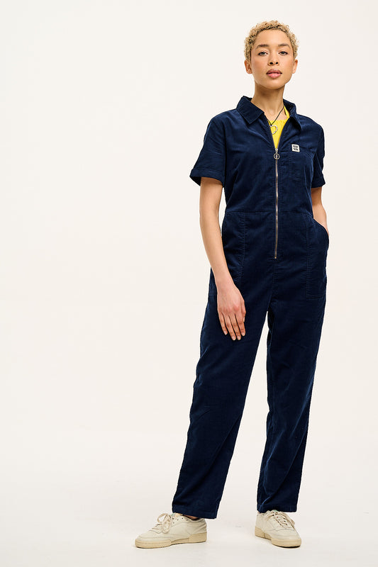 Rex - Short Sleeve Corduroy Jumpsuit in Navy Blue