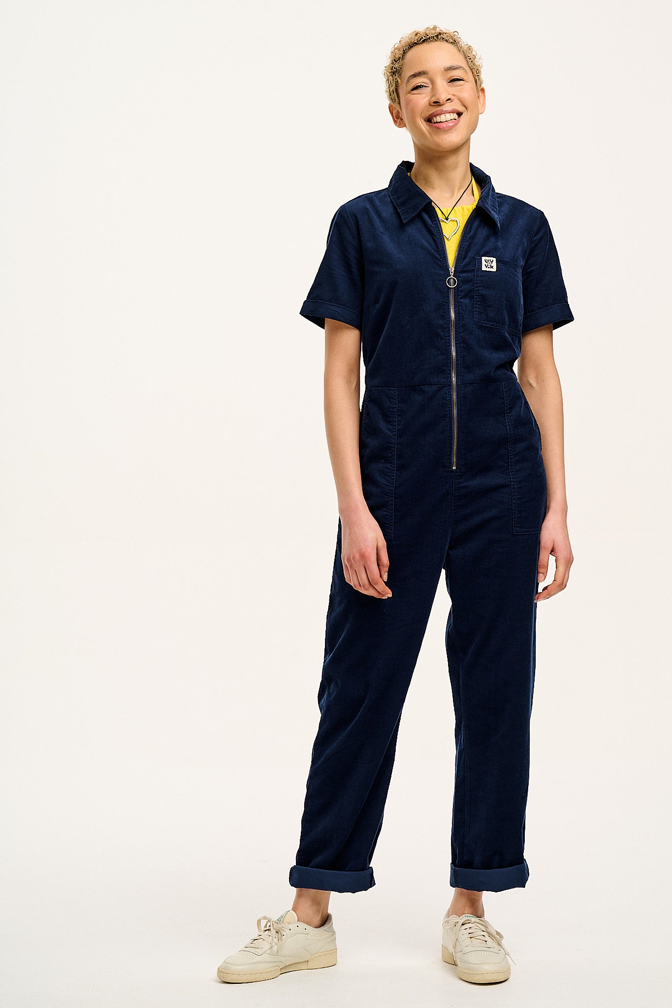 Rex - Short Sleeve Corduroy Jumpsuit in Navy Blue