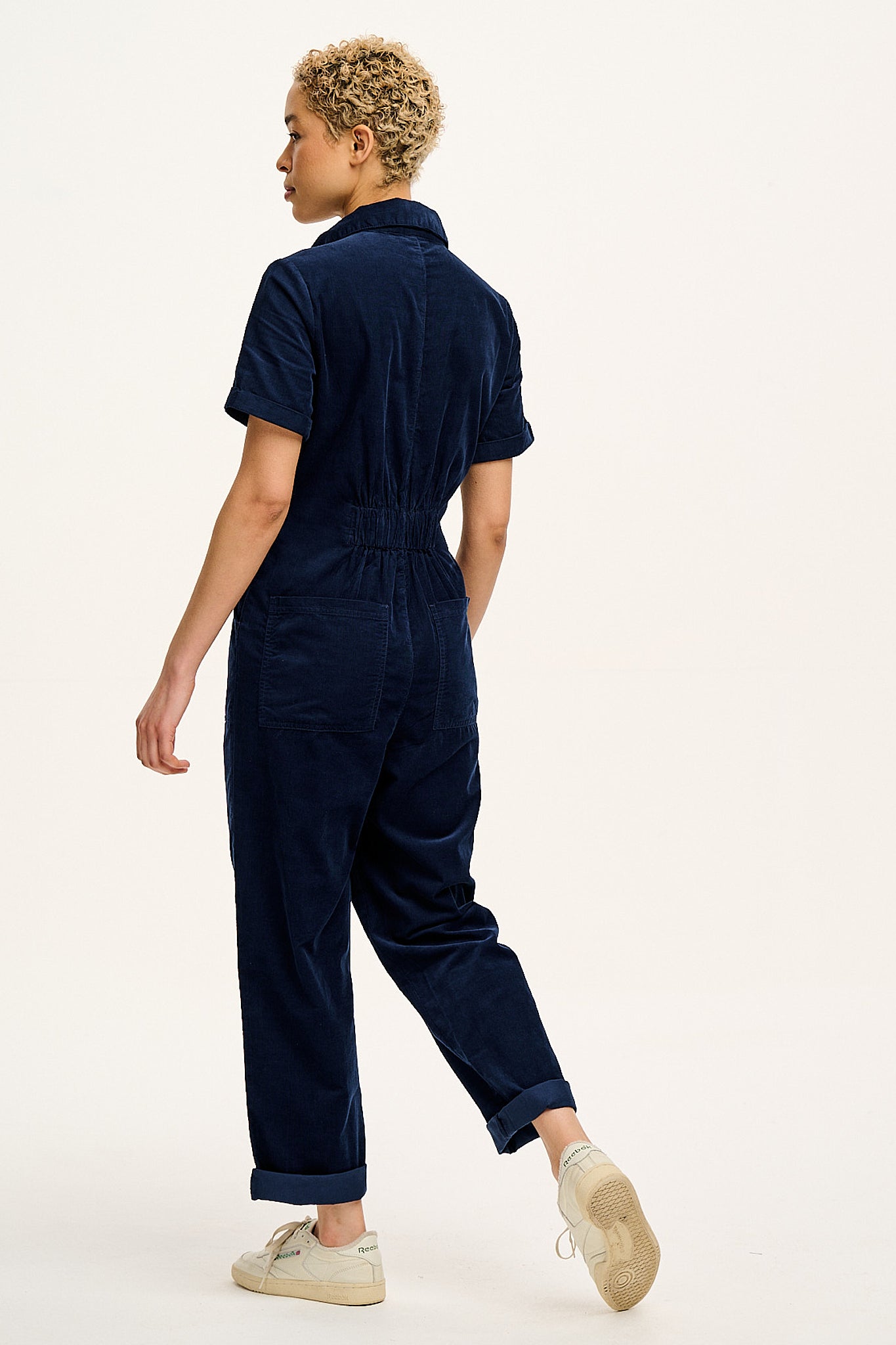 Rex - Short Sleeve Corduroy Jumpsuit in Navy Blue