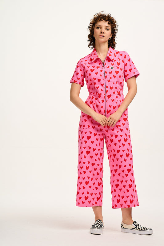 Ragan - Cotton Jumpsuit in Pink Heart Cupid Print