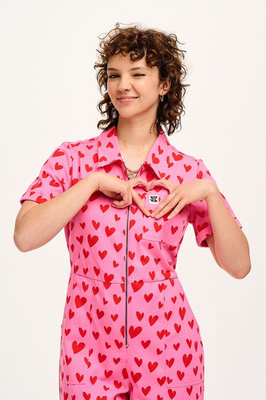 Ragan - Cotton Jumpsuit in Pink Heart Cupid Print