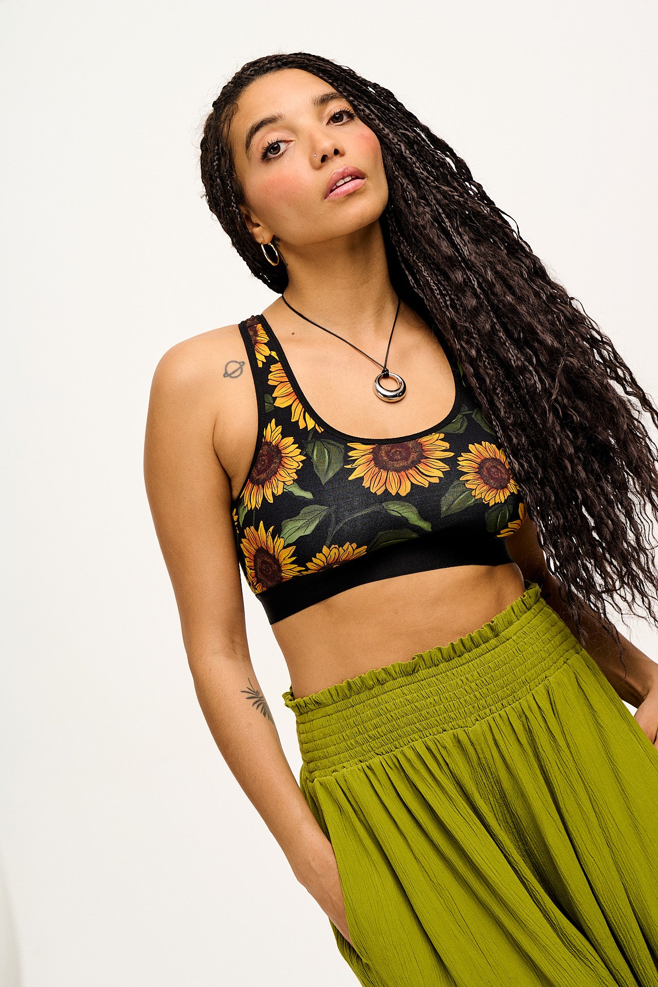 Iona - Racer Back Cotton & Bamboo Crop Top in Sunflower Print