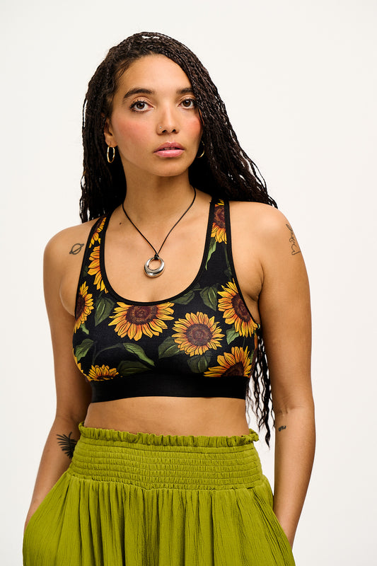 Iona - Racer Back Cotton & Bamboo Crop Top in Sunflower Print