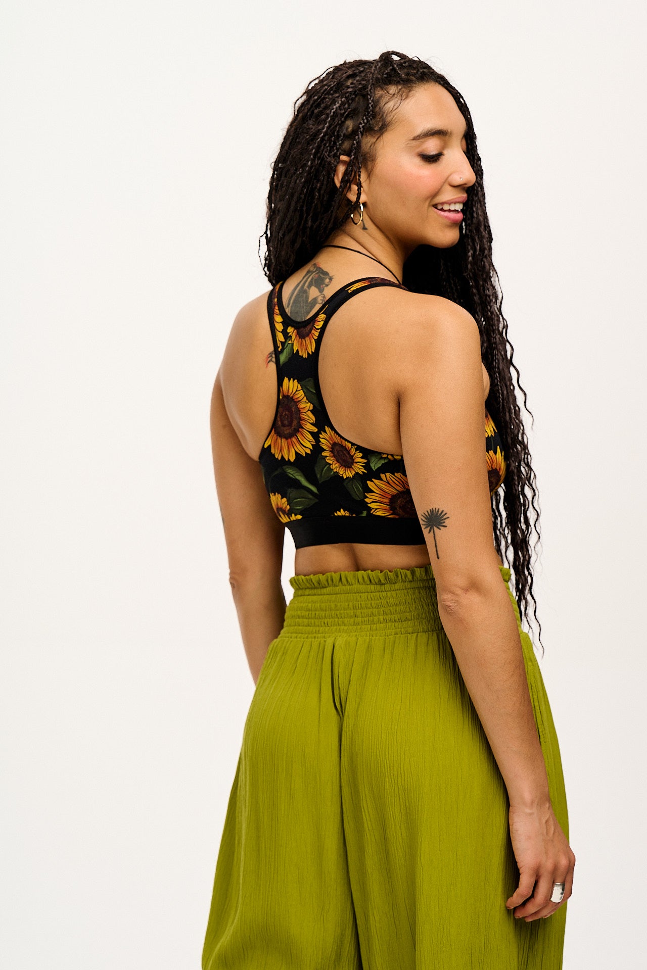 Iona - Racer Back Cotton & Bamboo Crop Top in Sunflower Print