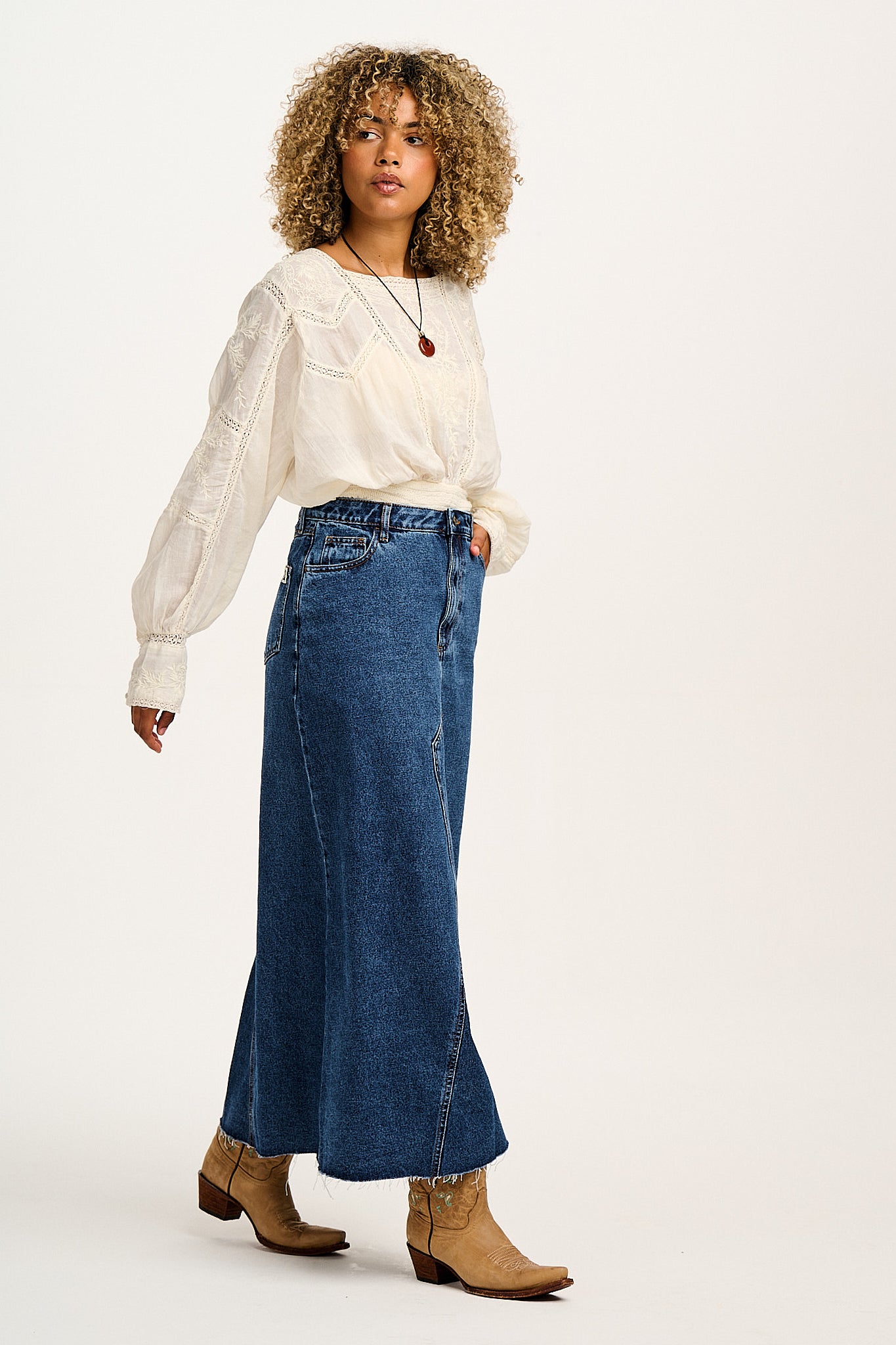 Liv - Maxi Denim Skirt in Mid Wash Blue