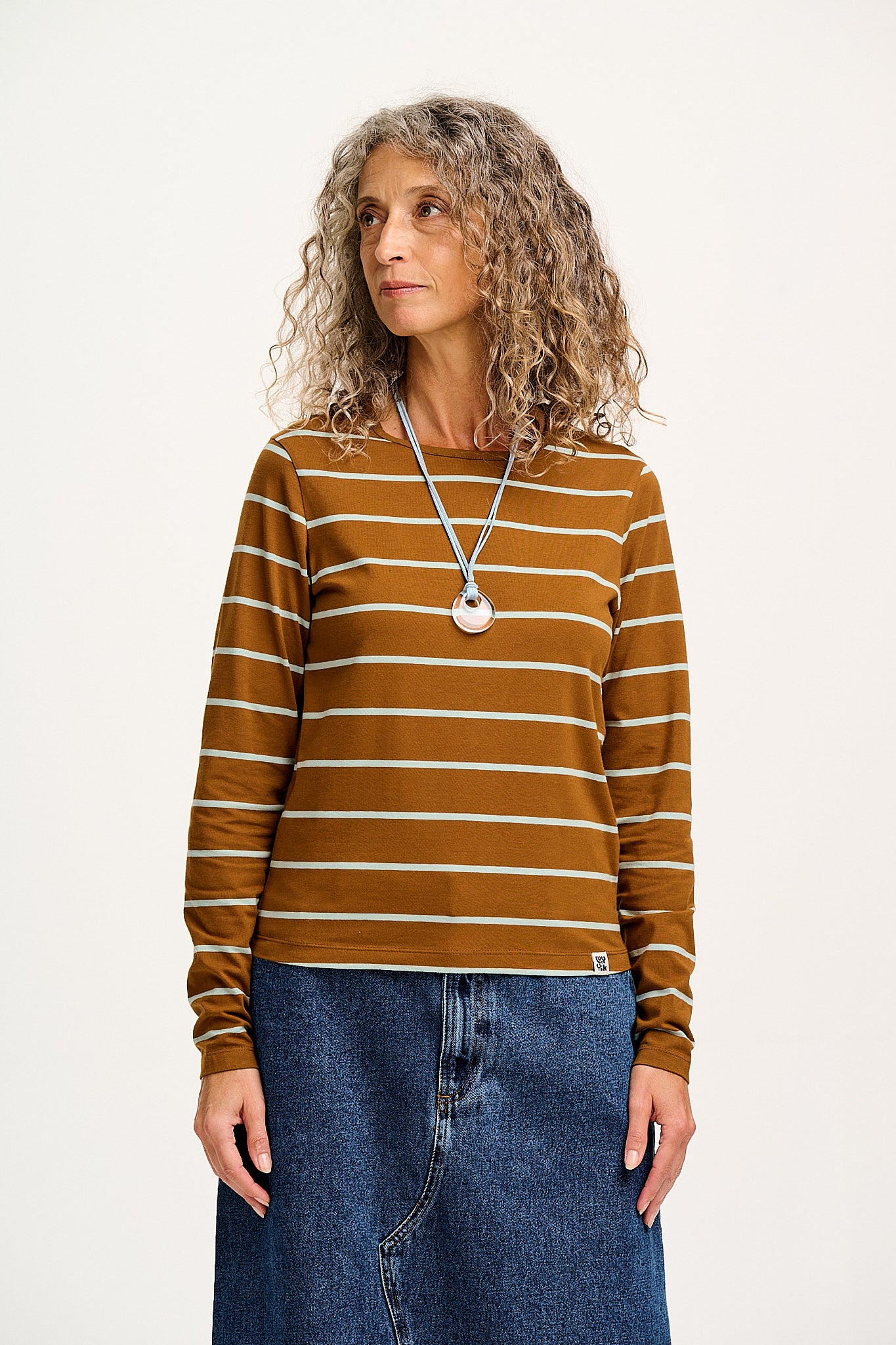 Rey - Long Sleeve Cotton Top in Caramel Stripe