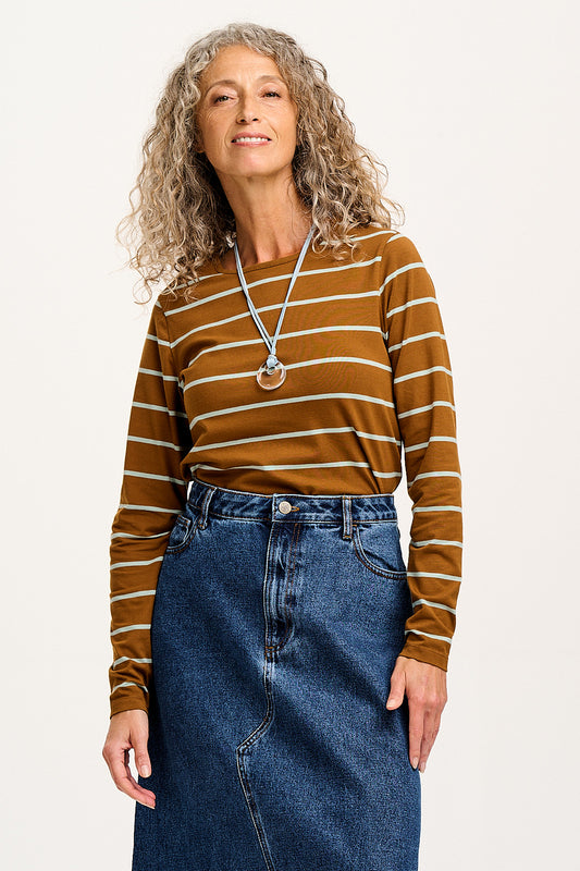 Rey - Long Sleeve Cotton Top in Caramel Stripe