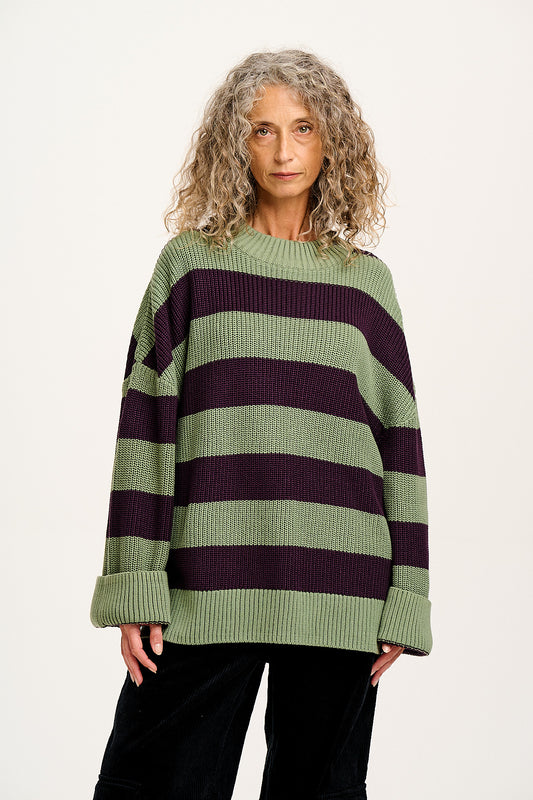 Amari - Oversized Knitted Jumper in Green & Purple Stripe