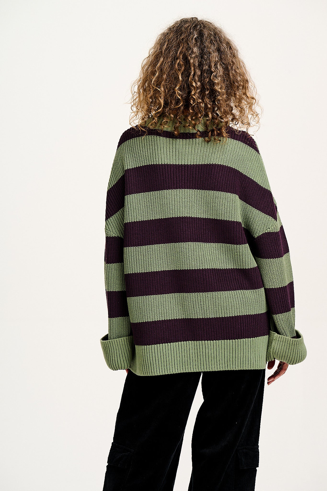 Amari - Oversized Knitted Jumper in Green & Purple Stripe