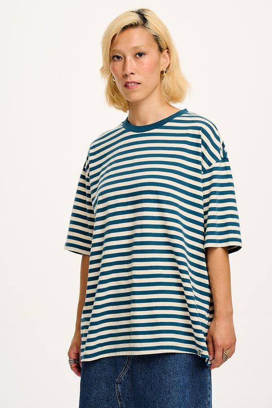 Benny - Oversized Cotton Tee in Blue & Ecru Stripe