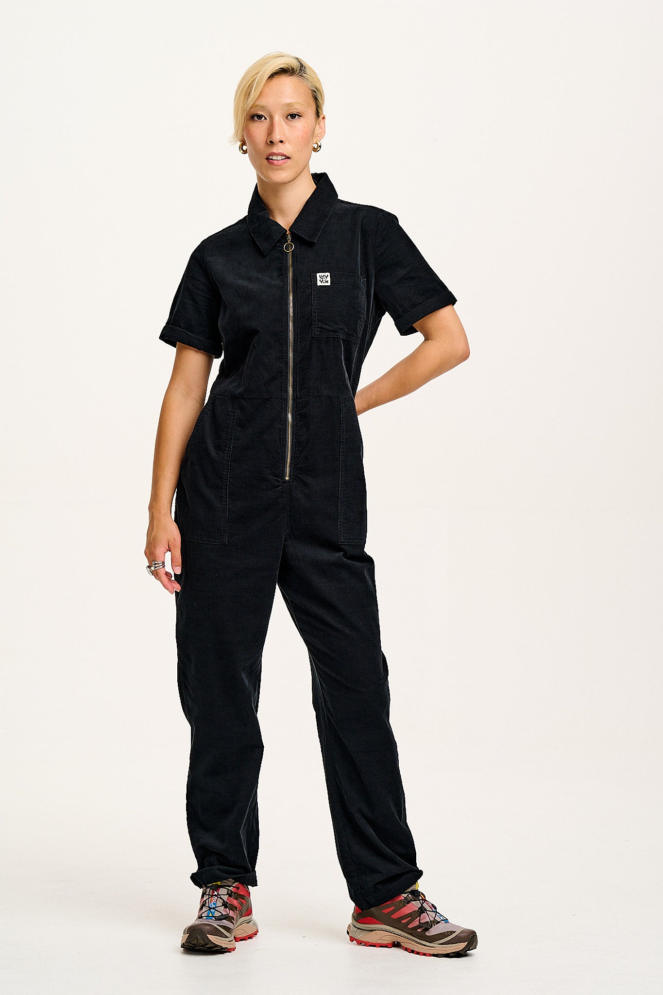 Rex - Short Sleeve Corduroy Jumpsuit in Black