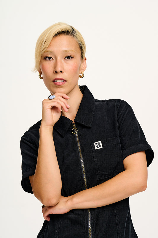 Rex - Short Sleeve Corduroy Jumpsuit in Black