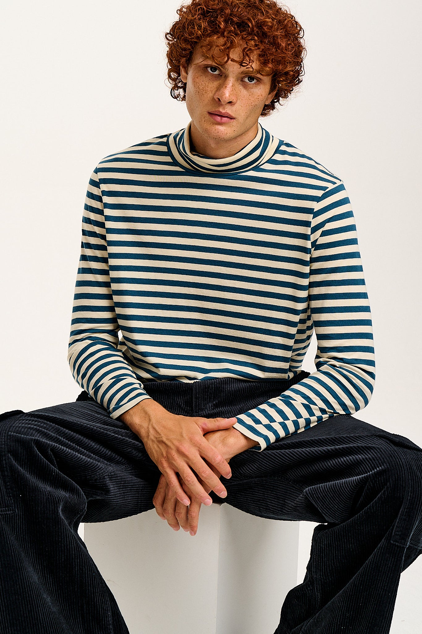 Hayden - Cotton & TENCEL™ Modal Roll Neck Top in Navy & Ecru Stripe