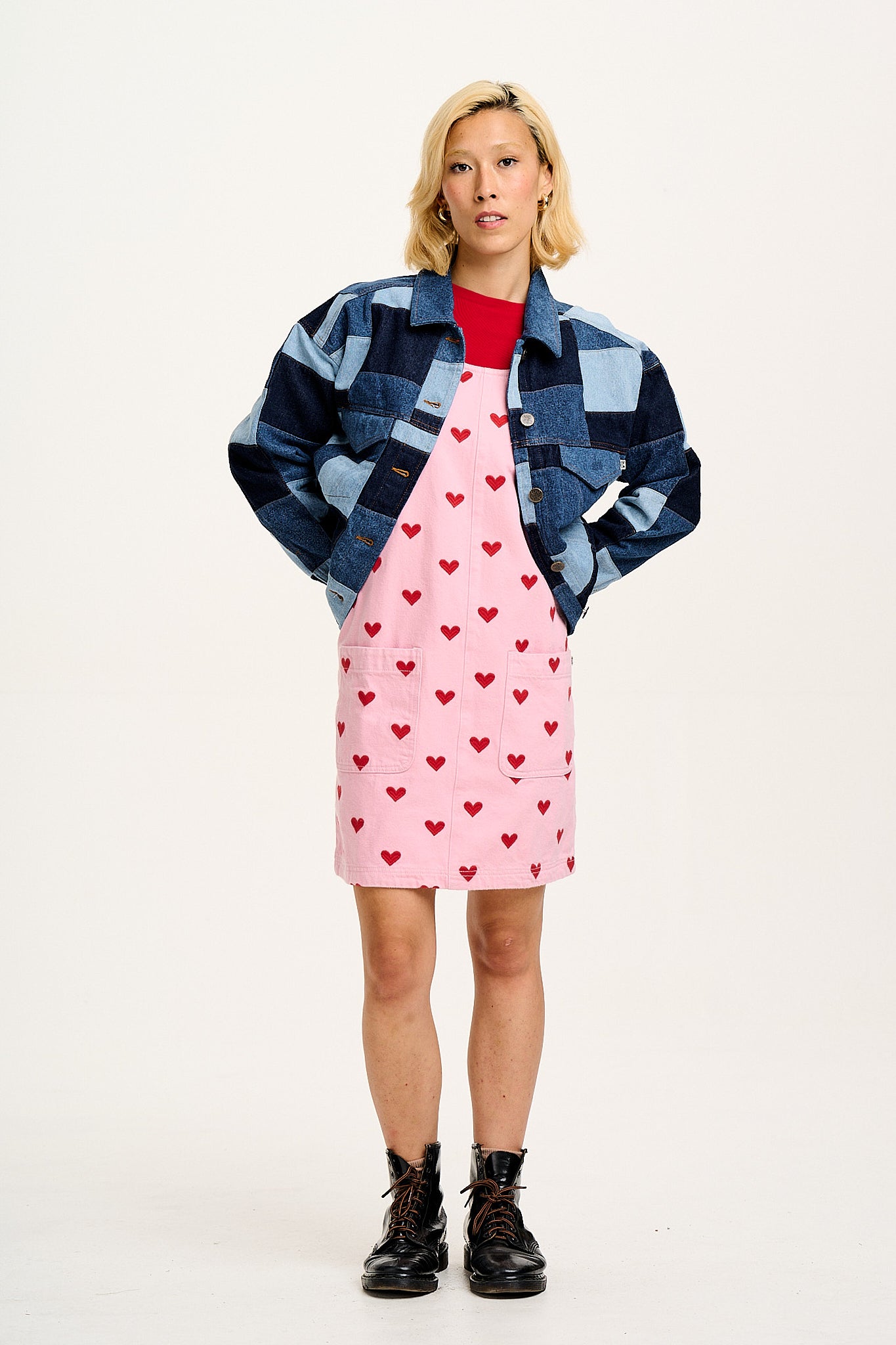 Layla - Mini Denim Dress in Pink Heart Juliet Print