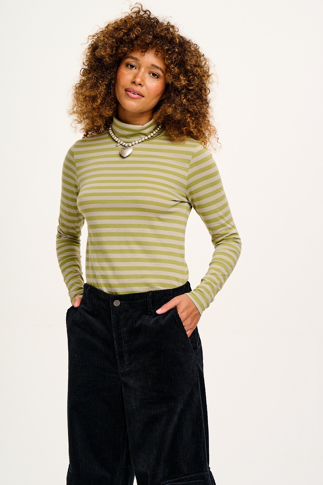 Hayden - Cotton & TENCEL™ Modal Roll Neck Top in Sage Stripe