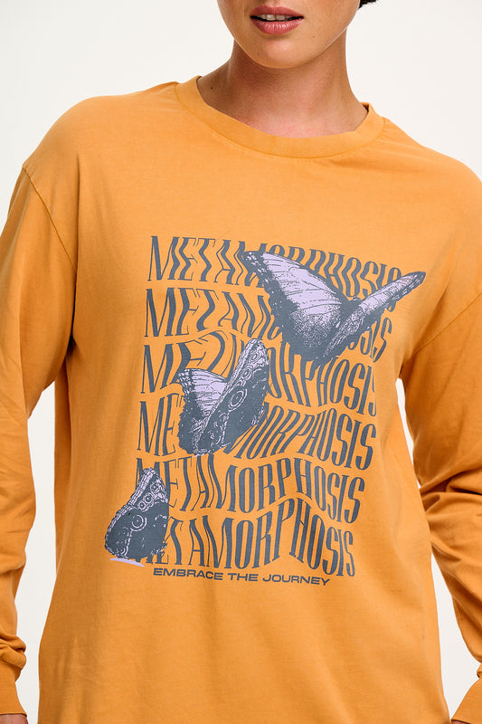 Kenny - Long Sleeve Skater Cotton Tee in Orange Metamorphosis Print