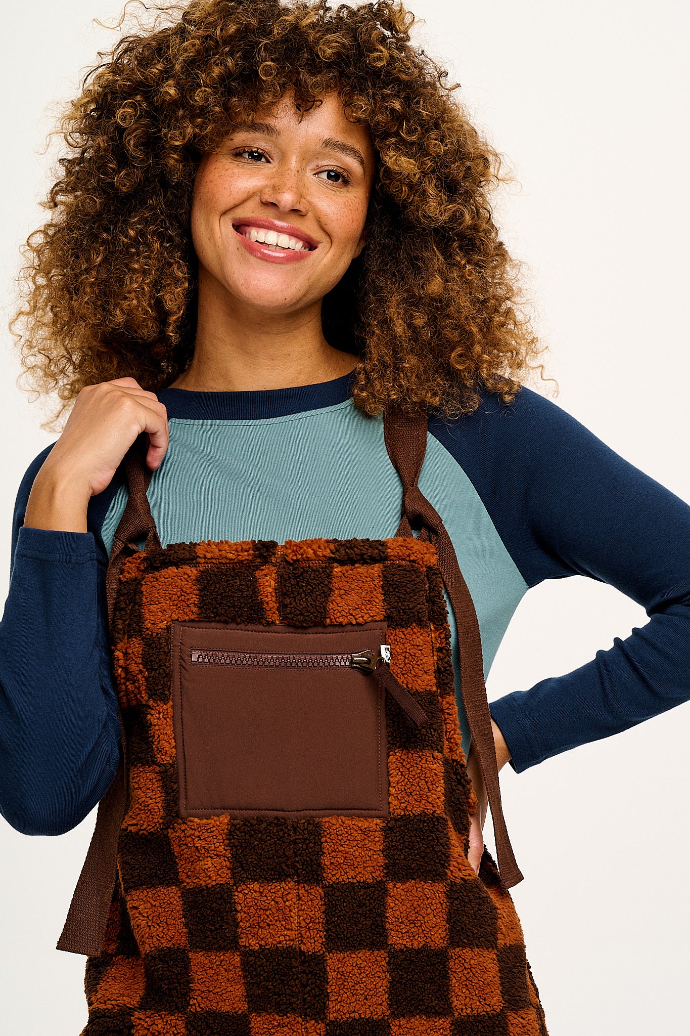 Baloo - Borg Fleece Dungarees in Terry Brown Check Print