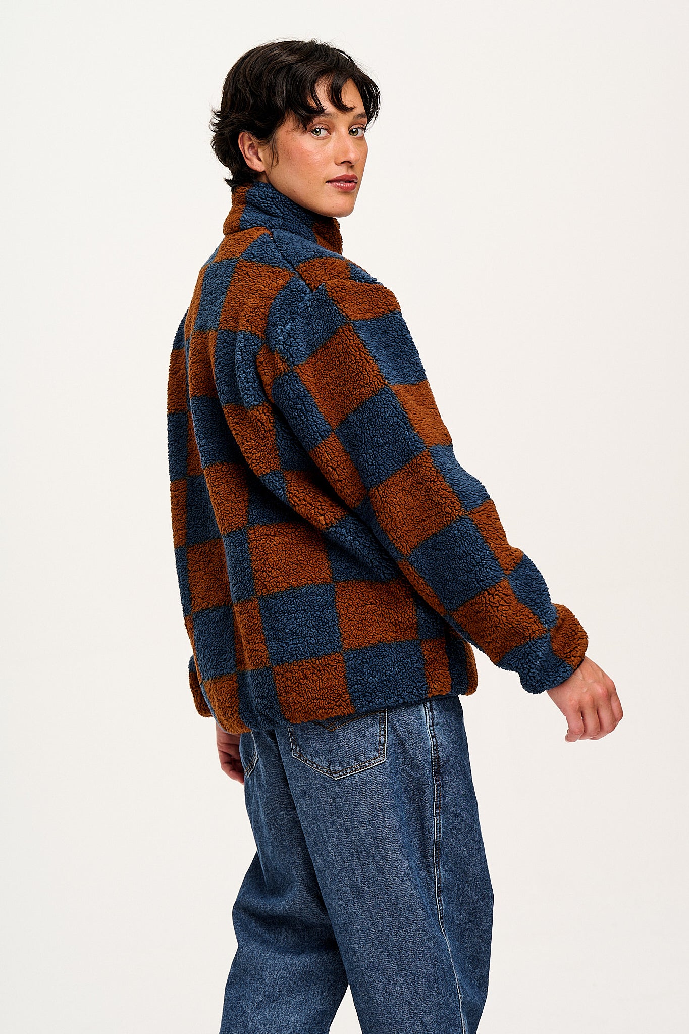 Harper - Fleece Jacket in Brown & Blue Chester Check Print