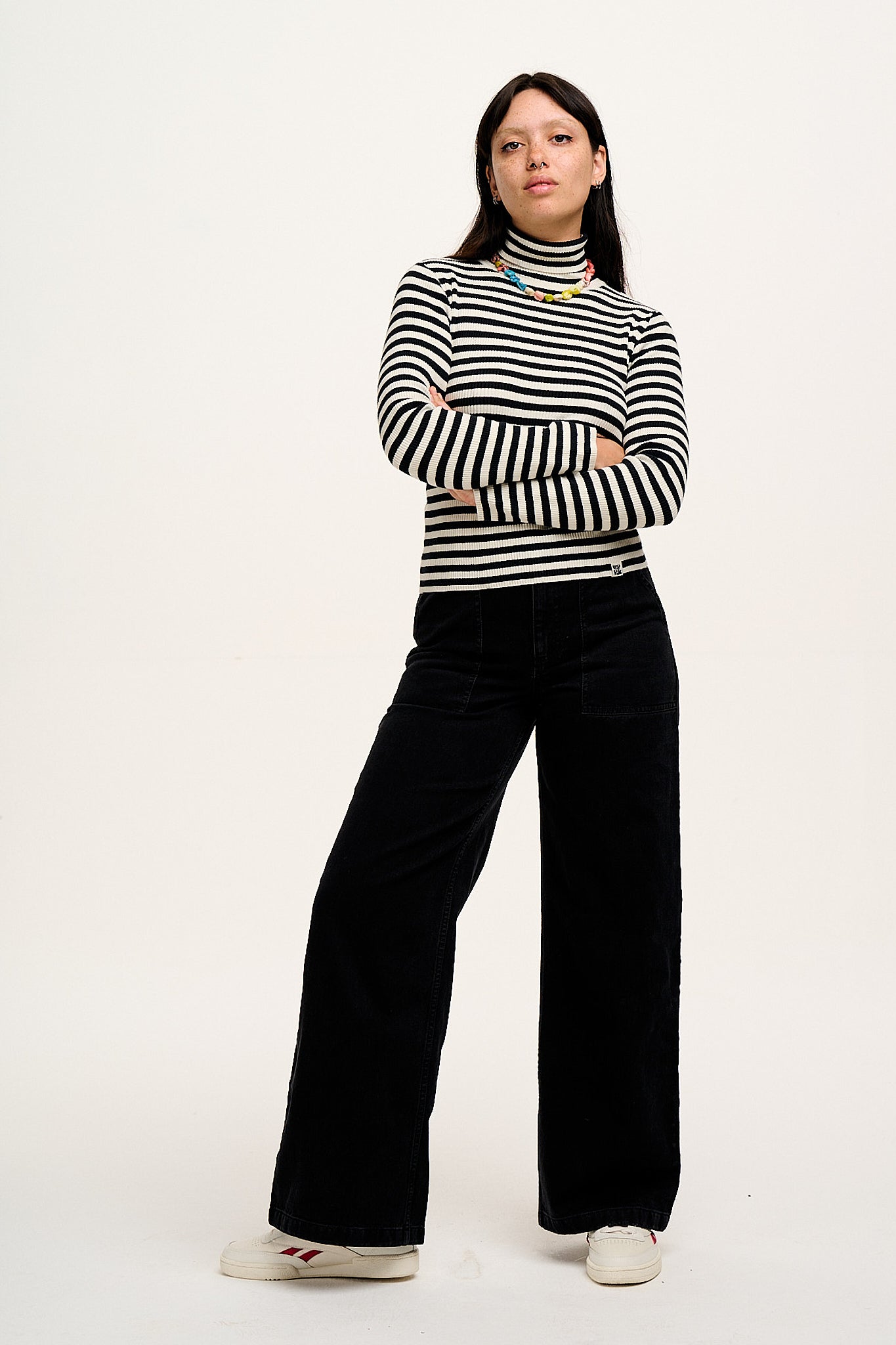 Aiden - Roll Neck Knitted Cotton Top in Black & White Stripe