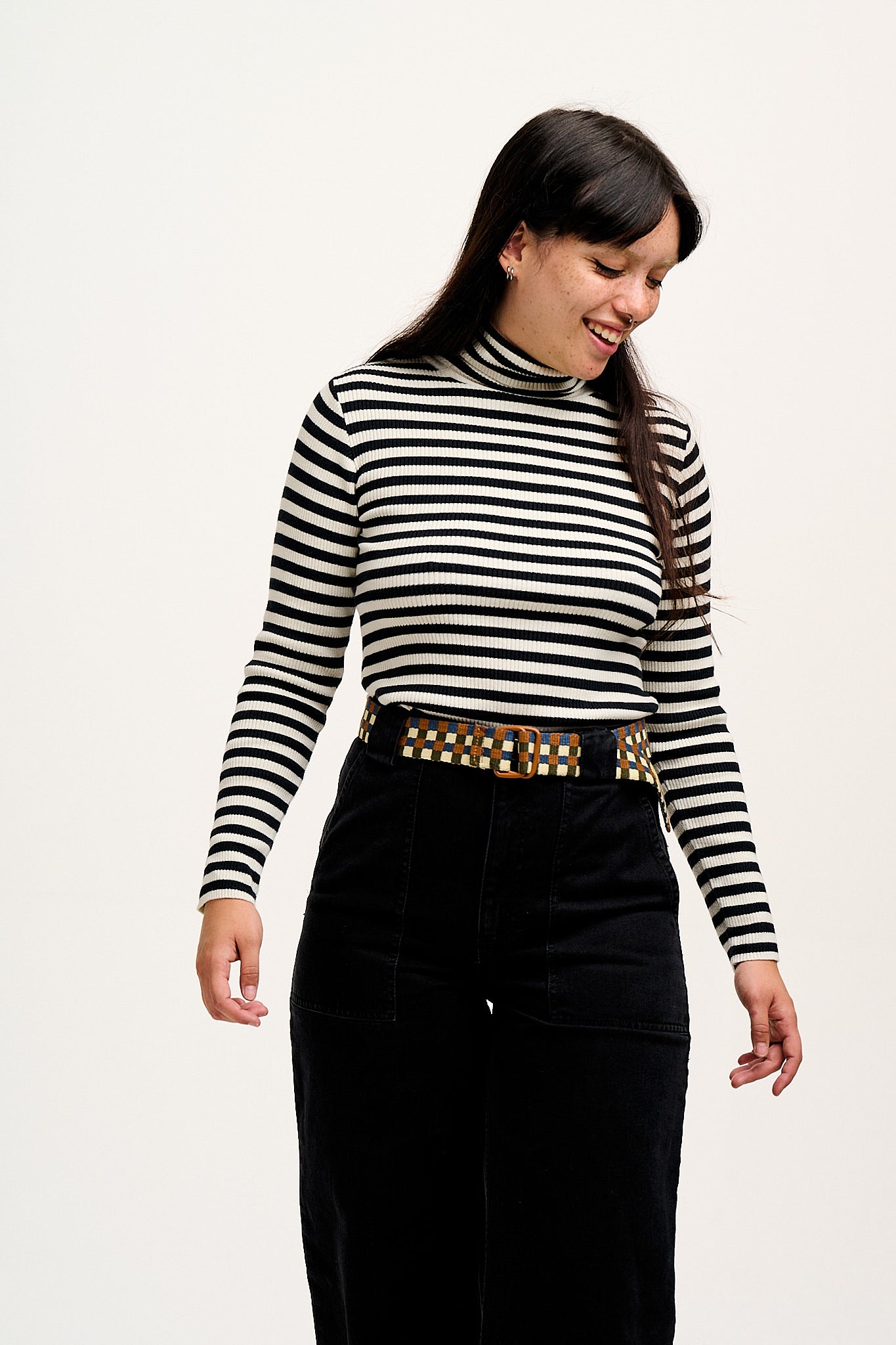 Aiden - Roll Neck Knitted Cotton Top in Black & White Stripe