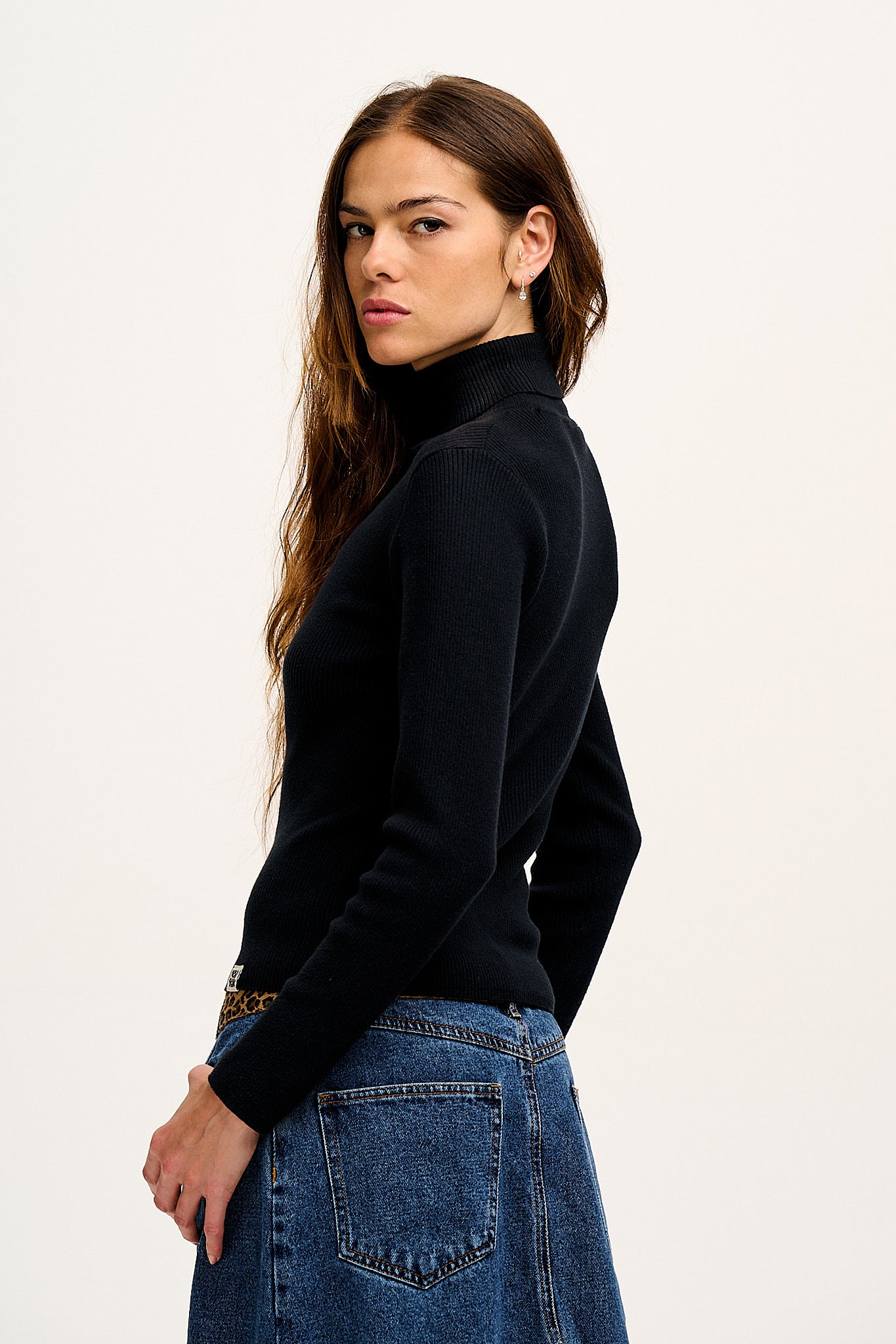 Aiden - Roll Neck Knitted Cotton Top in Black