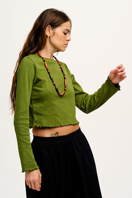 Hansel - Long Sleeve Cotton Top in Pesto Green