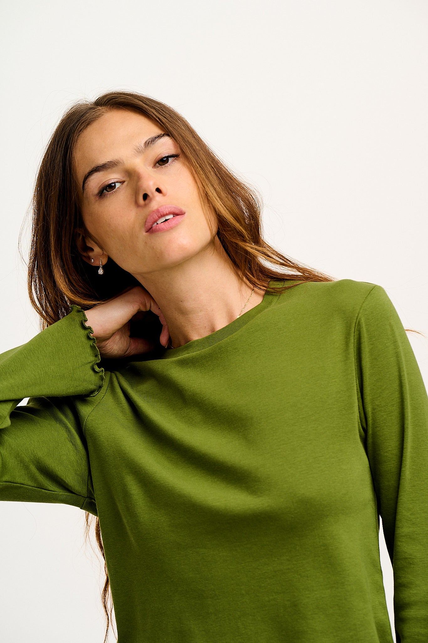 Hansel - Long Sleeve Cotton Top in Pesto Green