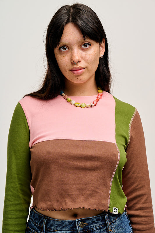 Hansel - Long Sleeve Cotton Top in Khaki, Brown & Rose Pink