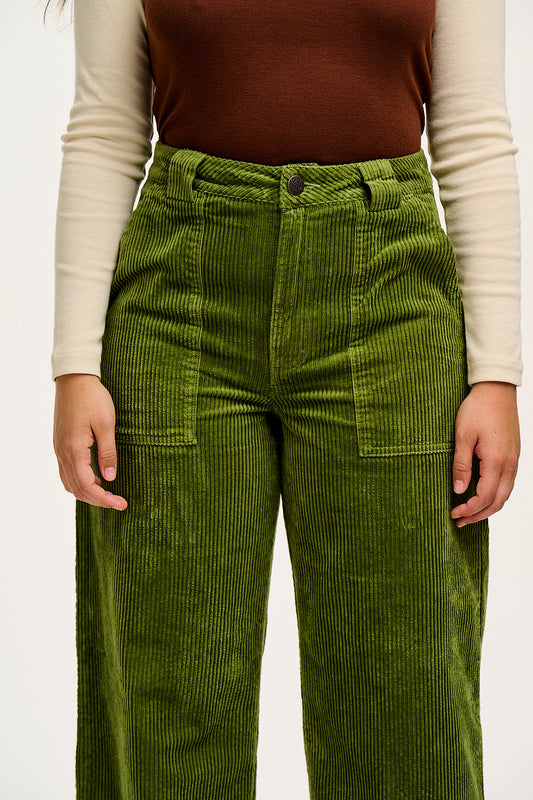 Delores - Wide Leg Corduroy Trousers in Pesto Green