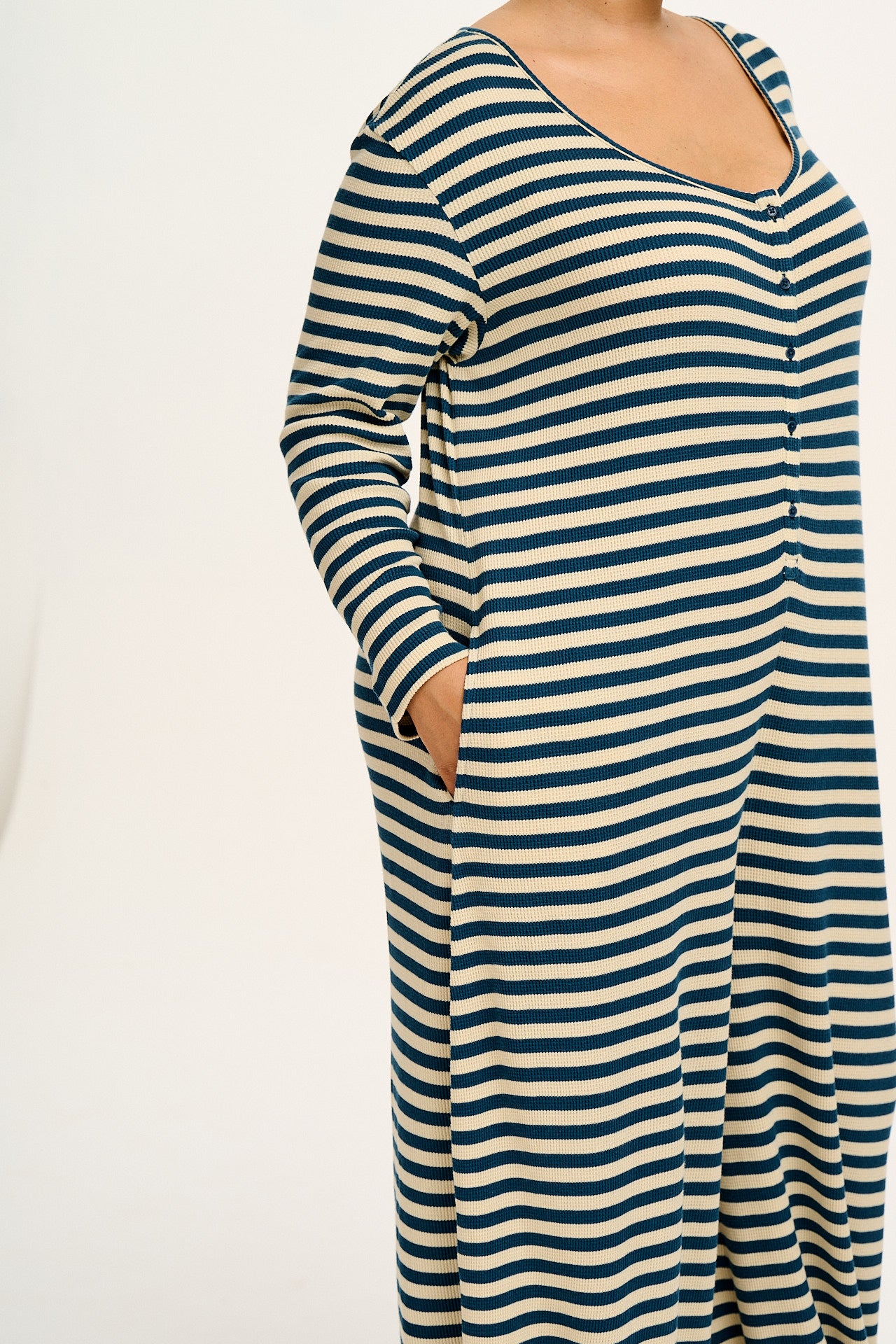 Eli - Relaxed Waffle Jumpsuit in Blue & Ecru Stripe