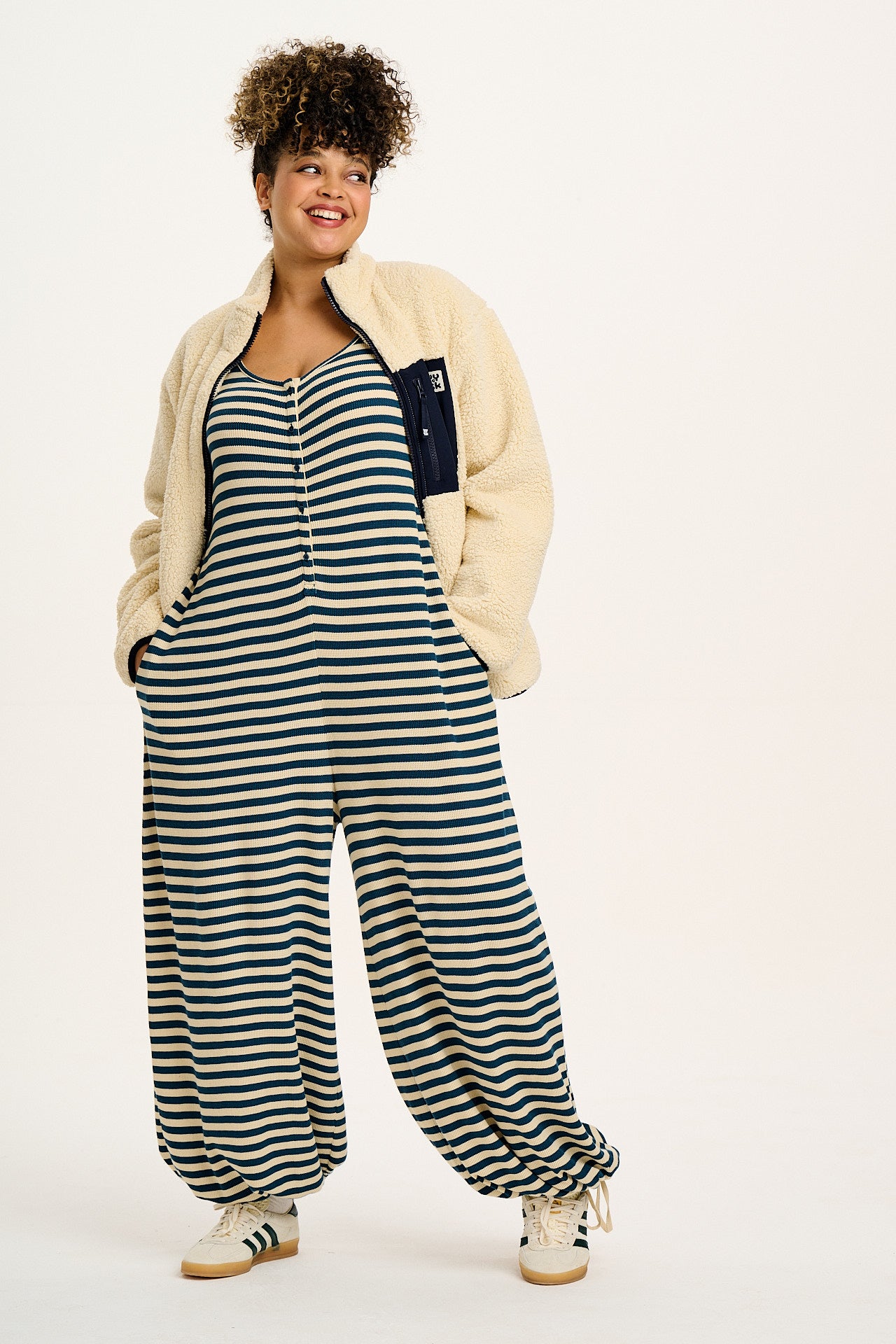 Eli - Relaxed Waffle Jumpsuit in Blue & Ecru Stripe