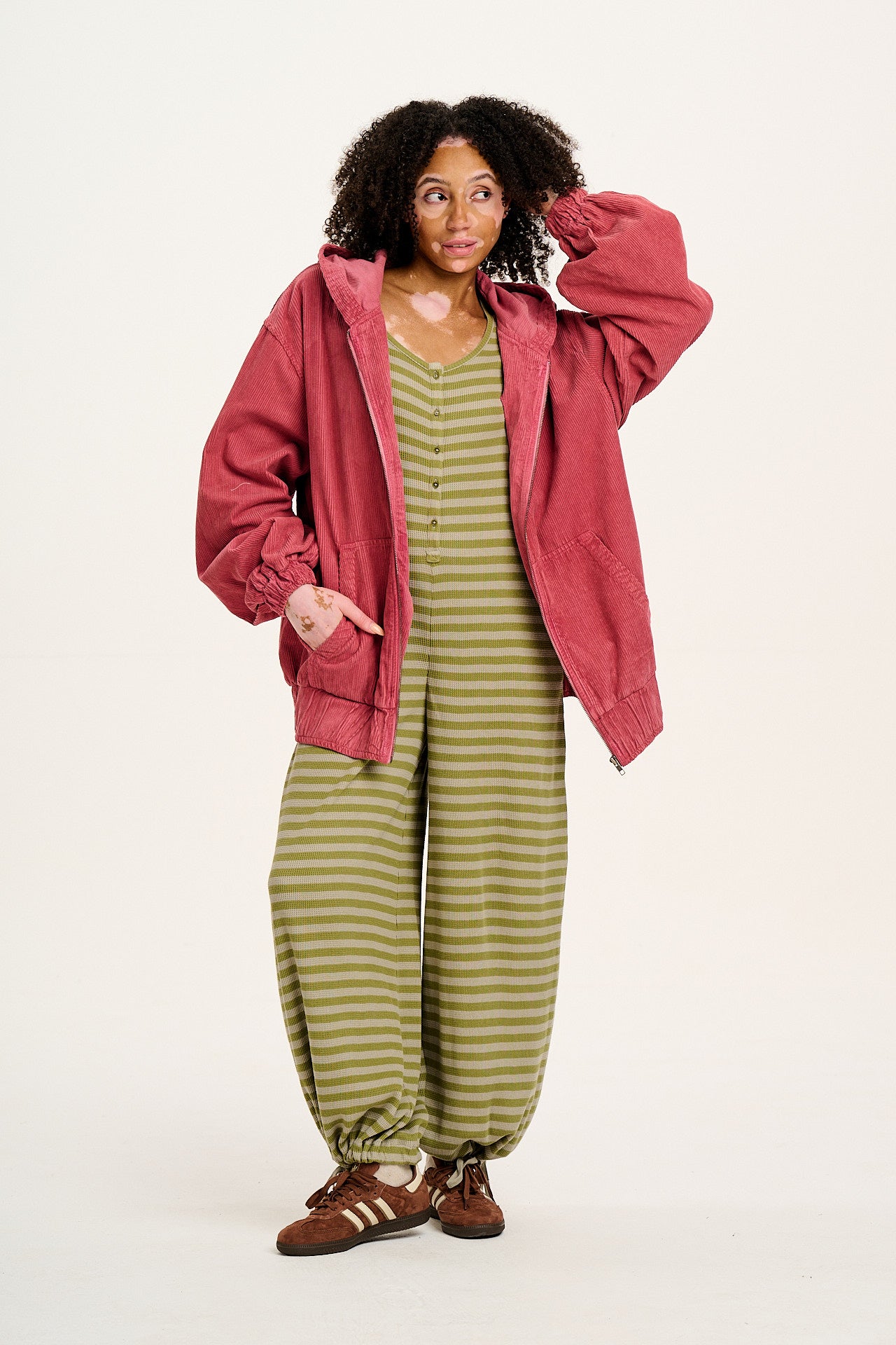 Eli - Relaxed Waffle Jumpsuit in Green Stripe