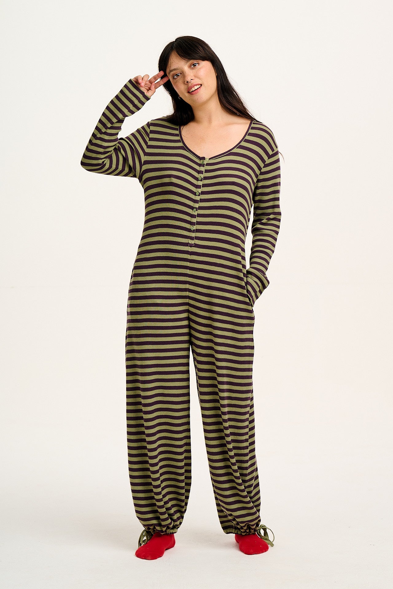 Eli - Relaxed Waffle Jumpsuit in Green & Purple Stripe