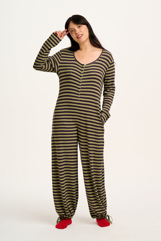 Eli - Relaxed Waffle Jumpsuit in Green & Purple Stripe